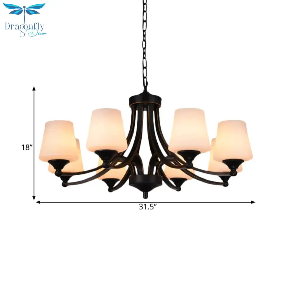 Traditional Tulip Chandelier Light Fixture 3/5/8 Bulbs Milky Glass Pendant Lighting In Black For