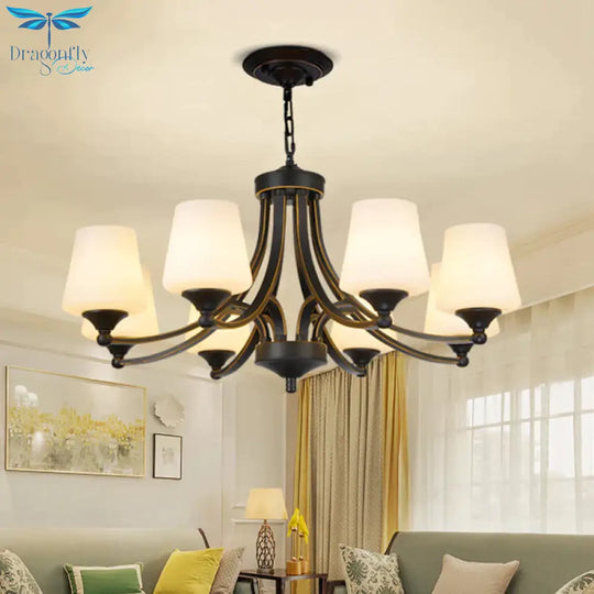 Traditional Tulip Chandelier Light Fixture 3/5/8 Bulbs Milky Glass Pendant Lighting In Black For