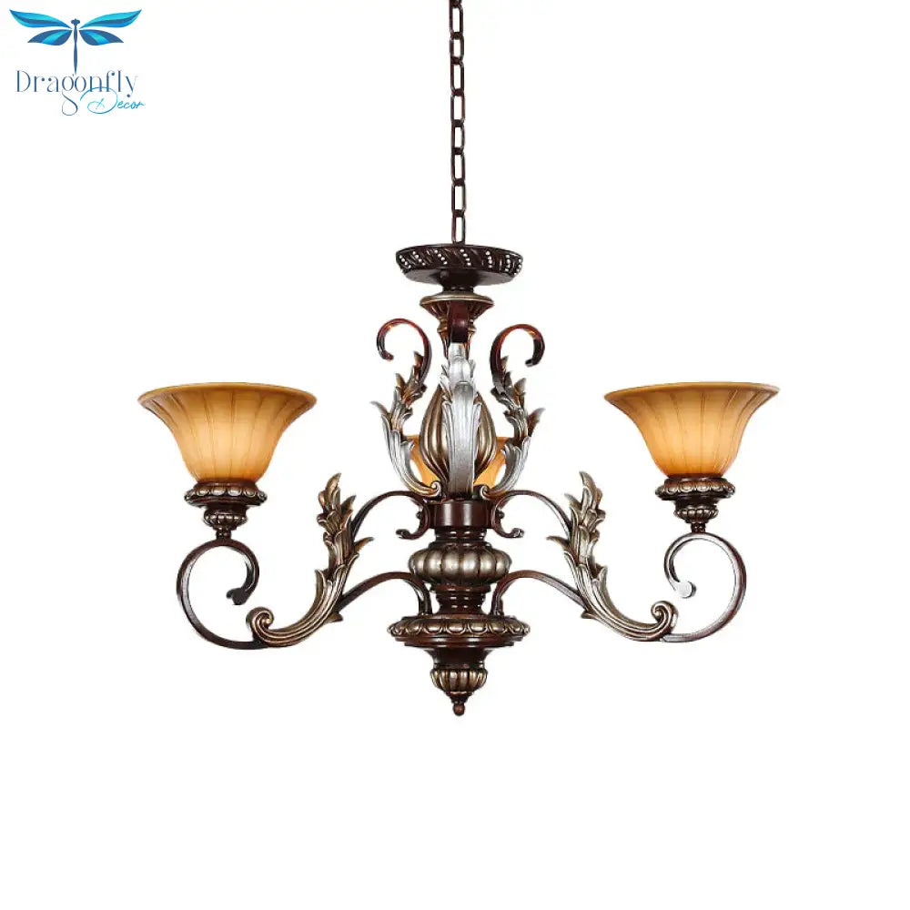 Traditionalist Bell Pendant Light 3 Lights Amber Glass Chandelier Lamp In Bronze With Carved Design