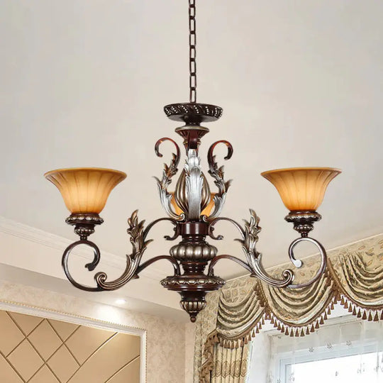 Traditionalist Bell Pendant Light 3 Lights Amber Glass Chandelier Lamp In Bronze With Carved Design