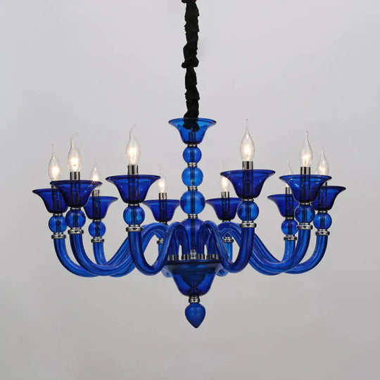 Traditionary Beige/Purple/Blue Glass Hanging Lamp With 10 Bulbs Blue