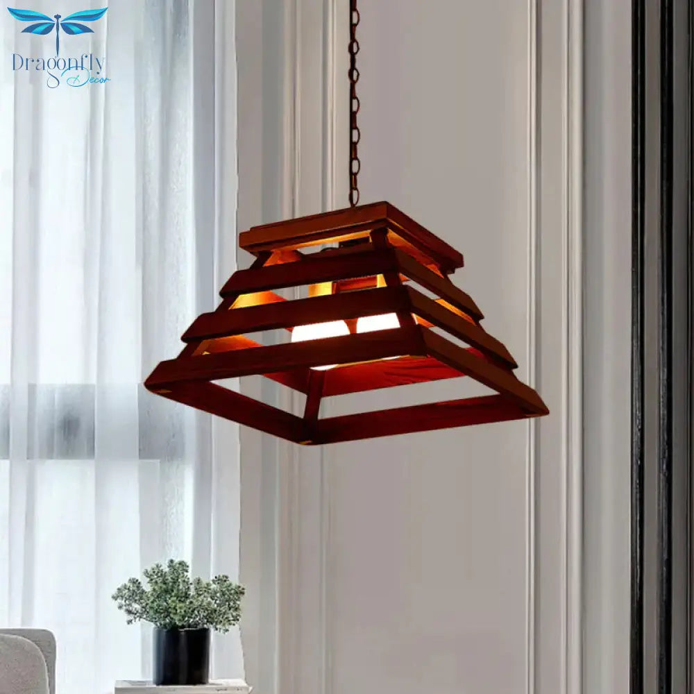 Trapezoid Cage Dining Room Pendant Light Kit Traditional Wood 2 - Bulb Brown Hanging Chandelier
