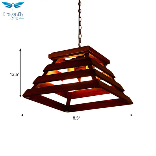 Trapezoid Cage Dining Room Pendant Light Kit Traditional Wood 2 - Bulb Brown Hanging Chandelier