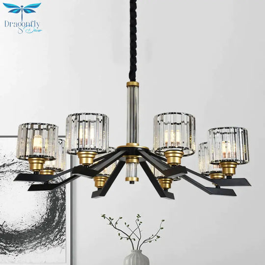 Tri - Sided Crystal Rod Cylinder Pendant Lighting Contemporary 6/8 Heads Black Hanging Chandelier