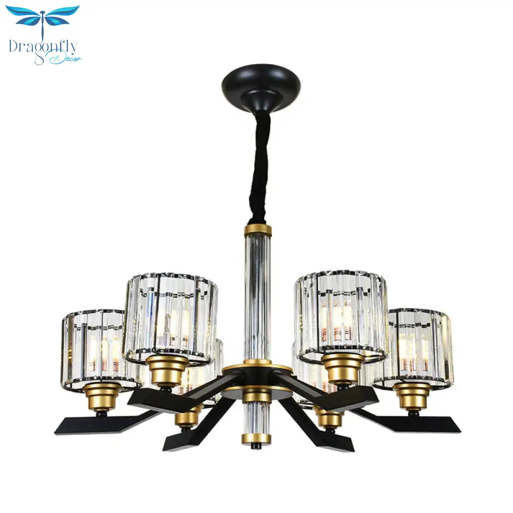 Tri - Sided Crystal Rod Cylinder Pendant Lighting Contemporary 6/8 Heads Black Hanging Chandelier