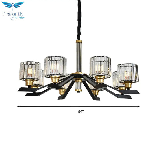 Tri - Sided Crystal Rod Cylinder Pendant Lighting Contemporary 6/8 Heads Black Hanging Chandelier