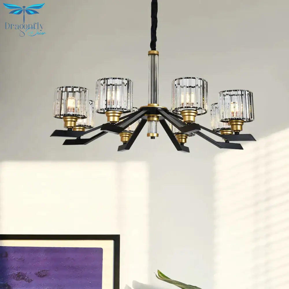 Tri - Sided Crystal Rod Cylinder Pendant Lighting Contemporary 6/8 Heads Black Hanging Chandelier