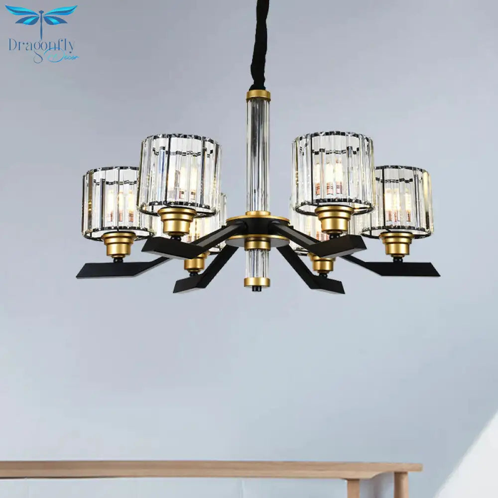Tri - Sided Crystal Rod Cylinder Pendant Lighting Contemporary 6/8 Heads Black Hanging Chandelier