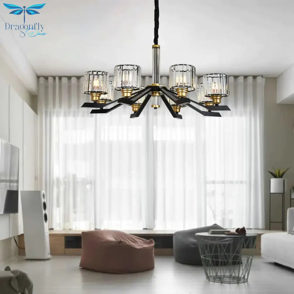 Tri - Sided Crystal Rod Cylinder Pendant Lighting Contemporary 6/8 Heads Black Hanging Chandelier