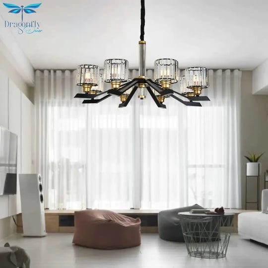 Tri - Sided Crystal Rod Cylinder Pendant Lighting Contemporary 6/8 Heads Black Hanging Chandelier
