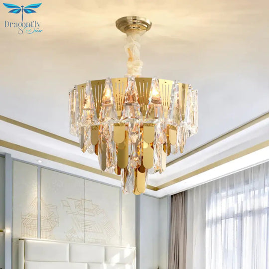 Triangle Chandelier Modernism Metallic 7 - Light Gold Hanging Ceiling Light With Crystal Icicle