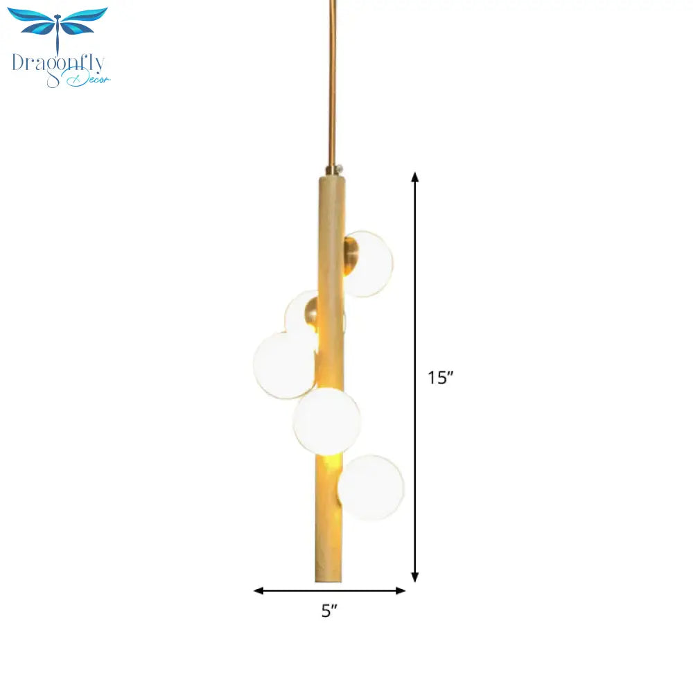 Tube Wood Chandelier Lighting Fixture Asian Style 5 Heads Beige Hanging Ceiling Lamp With Bubble