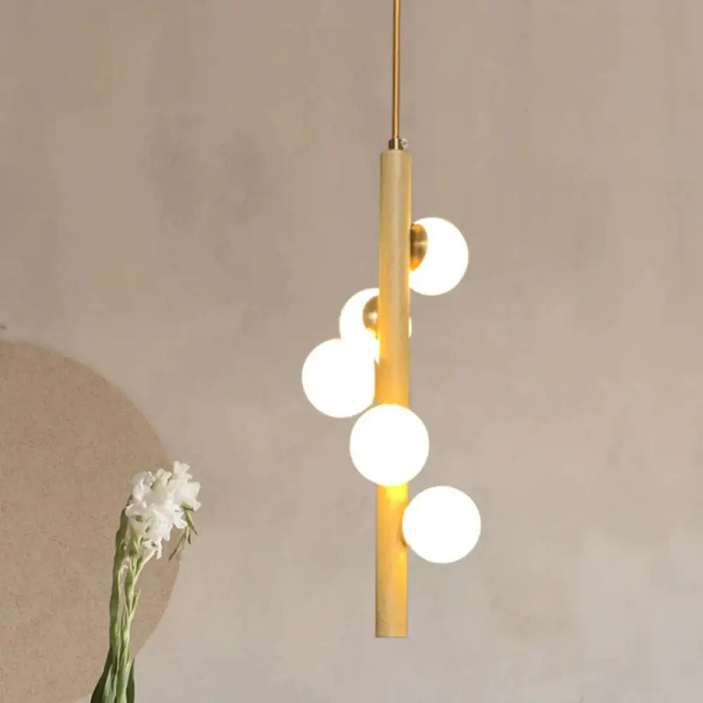 Tube Wood Chandelier Lighting Fixture Asian Style 5 Heads Beige Hanging Ceiling Lamp With Bubble