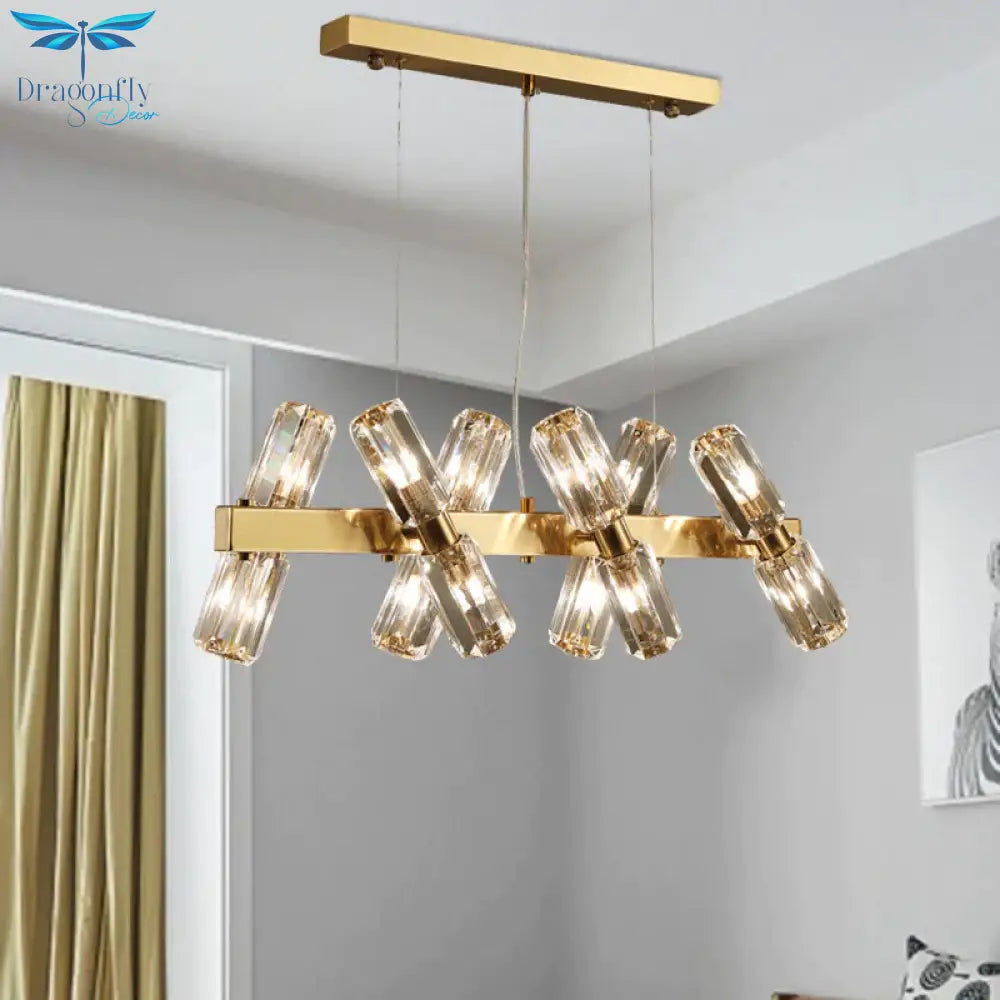 Tubular Chandelier Lamp Traditionary Beveled Crystal 12/16 Bulbs Gold Hanging Pendant Light