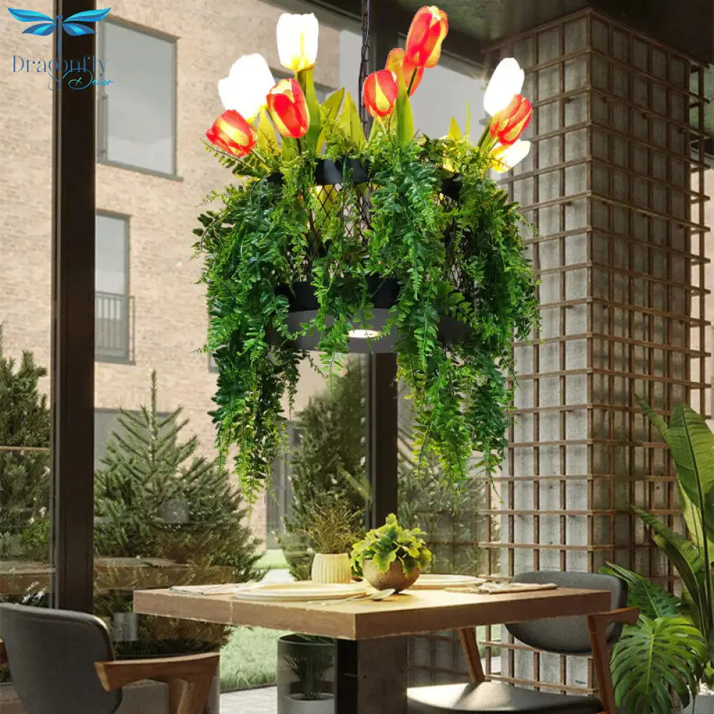 Tulip/Lily Dining Room Hanging Light Kit Farm Metal 10 Heads Red/White Chandelier Lighting Fixture