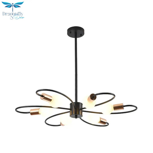 Twisted Arm Chandelier Light - Traditional Black Iron Hanging Lamp With Frosted Glass Shade 6 Bulbs