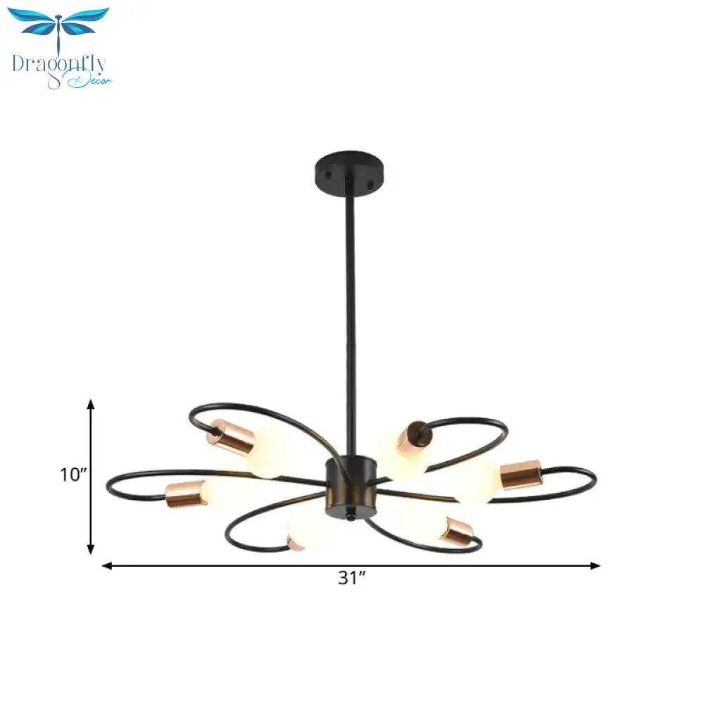 Twisted Arm Chandelier Light - Traditional Black Iron Hanging Lamp With Frosted Glass Shade 6 Bulbs