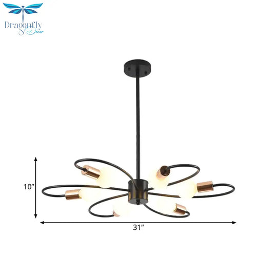 Twisted Arm Chandelier Light - Traditional Black Iron Hanging Lamp With Frosted Glass Shade 6 Bulbs
