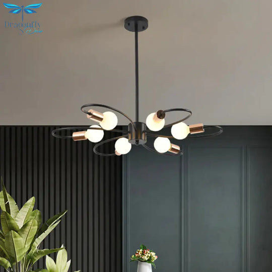 Twisted Arm Chandelier Light - Traditional Black Iron Hanging Lamp With Frosted Glass Shade 6 Bulbs