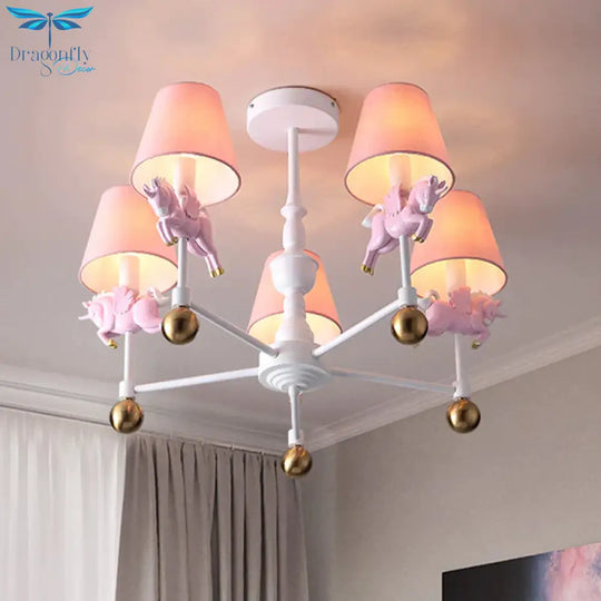 Unicorn Girl’s Room Chandelier Resin 3/5 - Head Kids Hanging Light In White With Pink Cone Shade