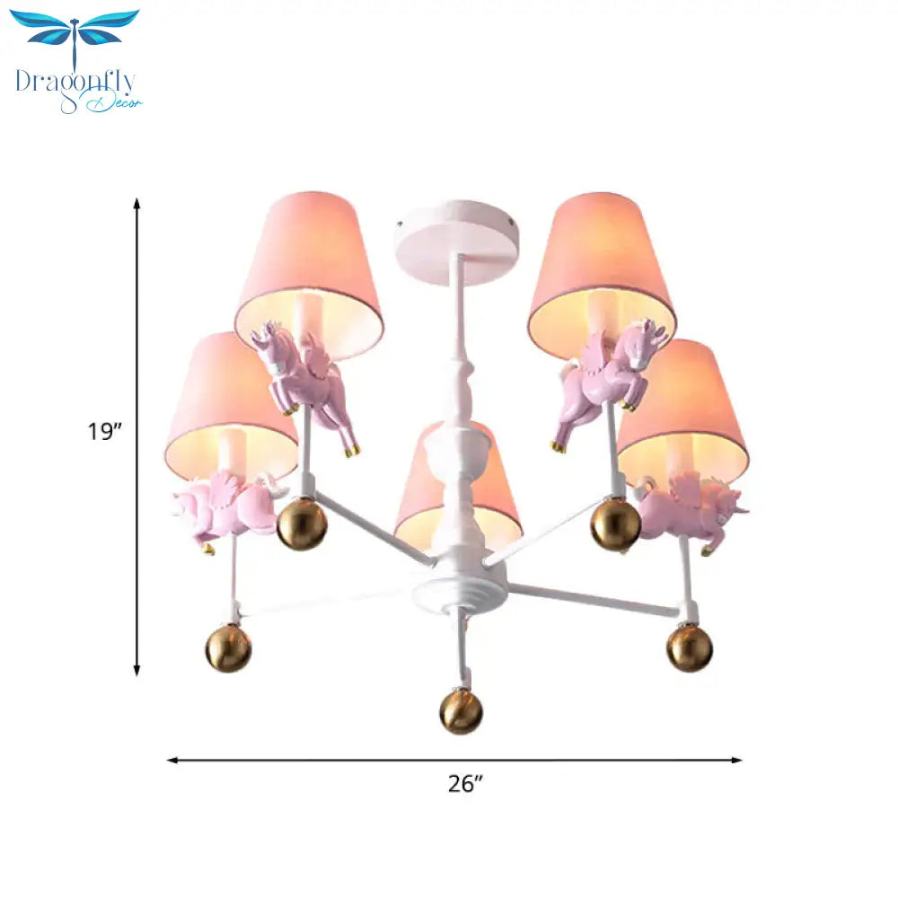 Unicorn Girl’s Room Chandelier Resin 3/5 - Head Kids Hanging Light In White With Pink Cone Shade