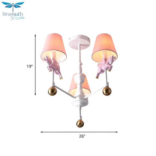 Unicorn Girl’s Room Chandelier Resin 3/5 - Head Kids Hanging Light In White With Pink Cone Shade