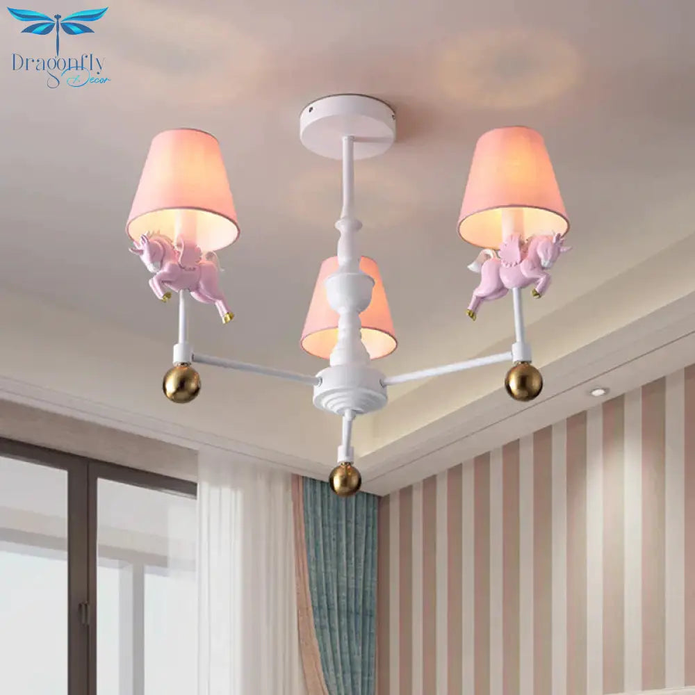 Unicorn Girl’s Room Chandelier Resin 3/5 - Head Kids Hanging Light In White With Pink Cone Shade
