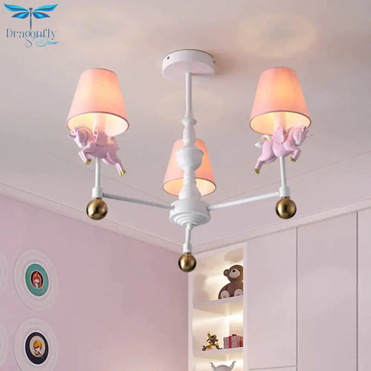 Unicorn Girl’s Room Chandelier Resin 3/5 - Head Kids Hanging Light In White With Pink Cone Shade