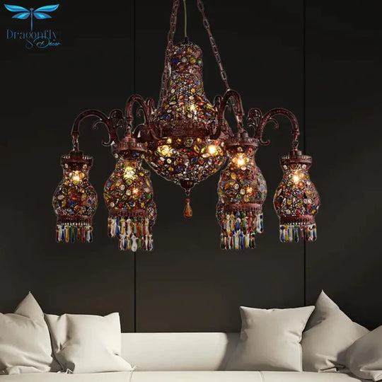 Urn Shaped Restaurant Ceiling Chandelier Bohemian Metal 9 Lights Copper Hanging Lamp Kit