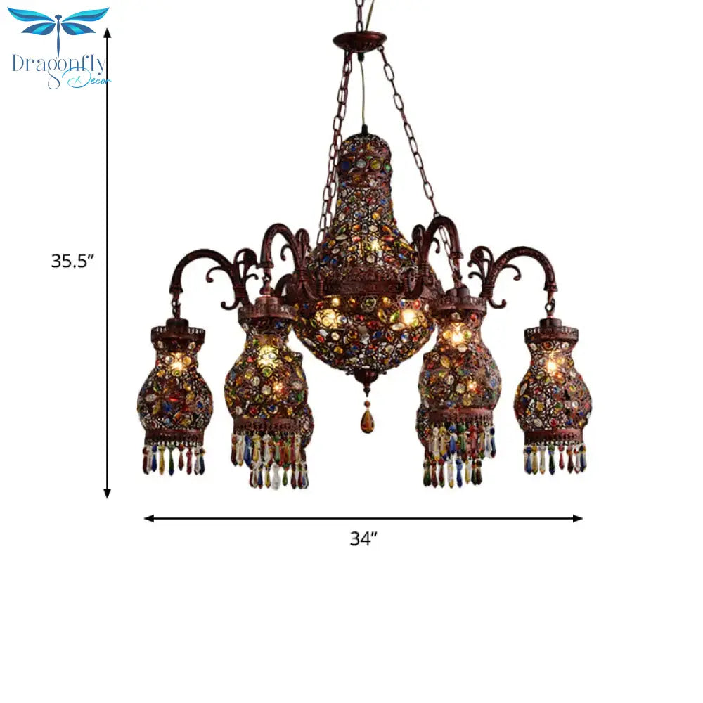 Urn Shaped Restaurant Ceiling Chandelier Bohemian Metal 9 Lights Copper Hanging Lamp Kit