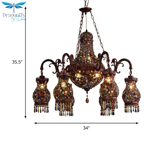 Urn Shaped Restaurant Ceiling Chandelier Bohemian Metal 9 Lights Copper Hanging Lamp Kit