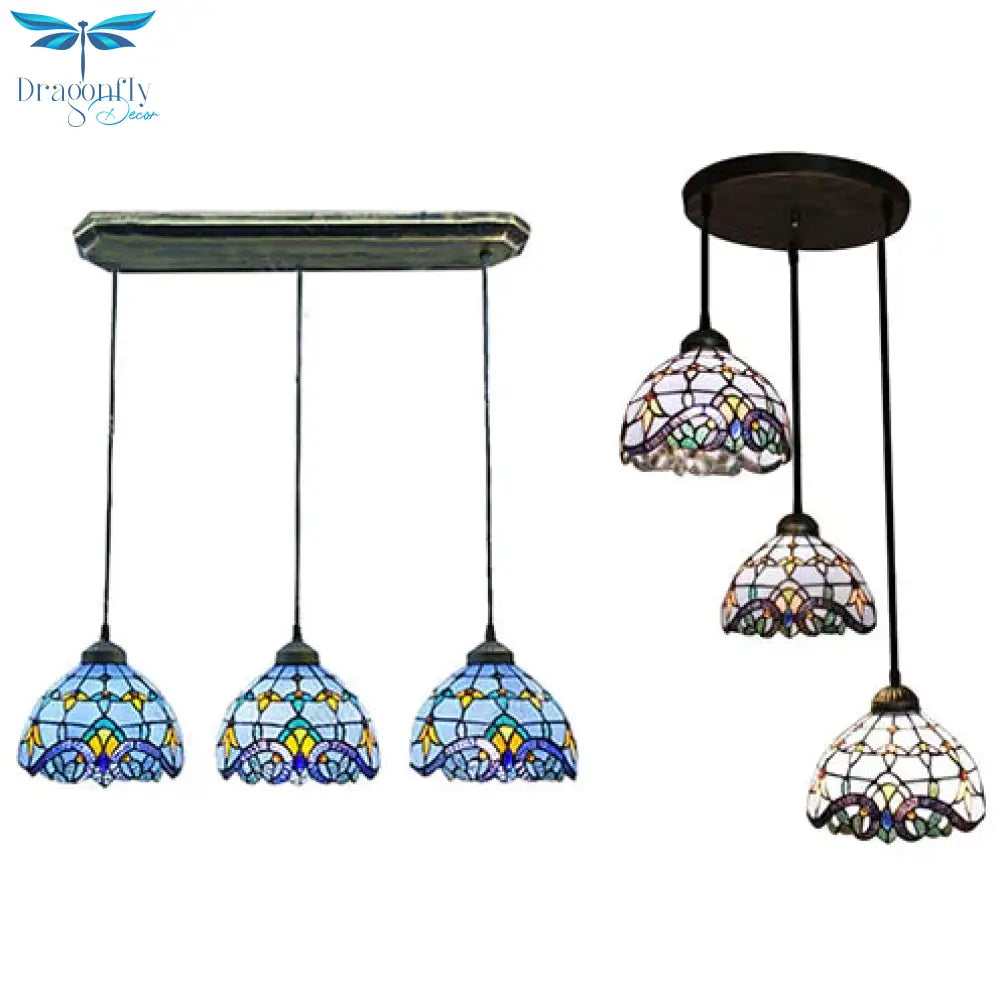 Victorian Dome Pendant Light Stained Glass 3 Heads Linear/Round Hanging In White/Blue For Dining