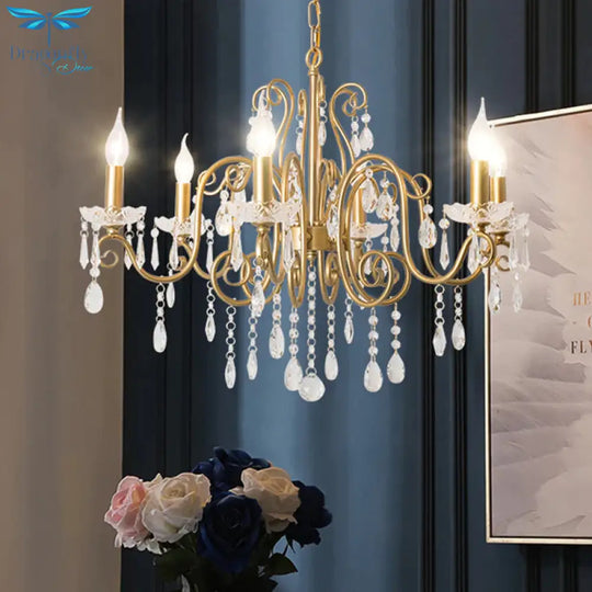 Victorian Swirl Arm Candelabra Chandelier 6 Bulbs Crystal Hanging Light Fixture In Gold