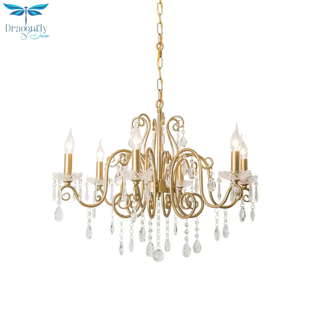 Victorian Swirl Arm Candelabra Chandelier 6 Bulbs Crystal Hanging Light Fixture In Gold