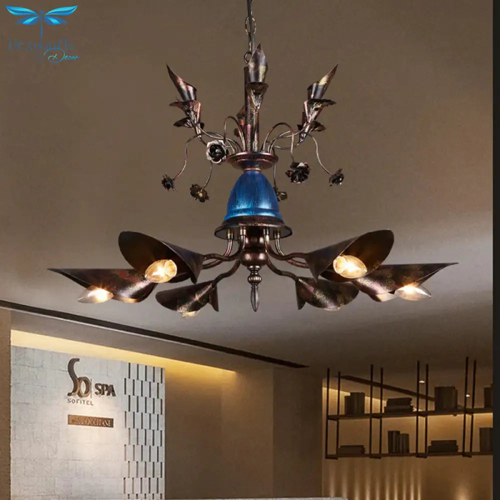 Villa Horn Shade Chandelier Metallic 6 Bulbs Classic Style Pendant Light In Rust
