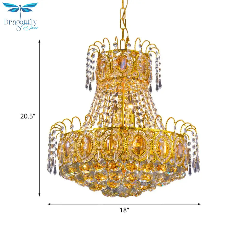 Vintage Basket Pendant Lamp 8 Heads Crystal Strand Chandelier Lighting In Gold For Lobby