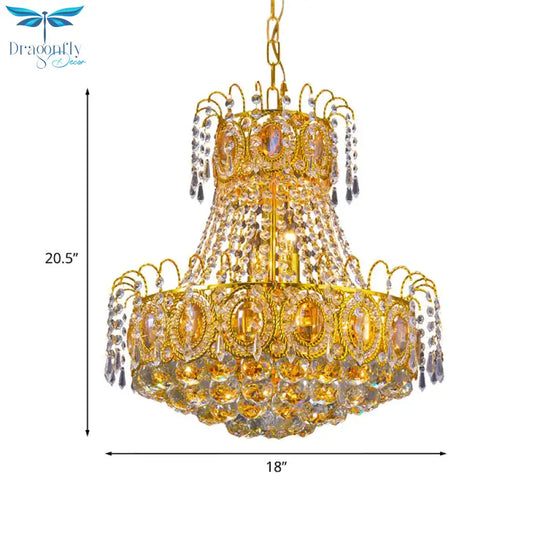 Vintage Basket Pendant Lamp 8 Heads Crystal Strand Chandelier Lighting In Gold For Lobby