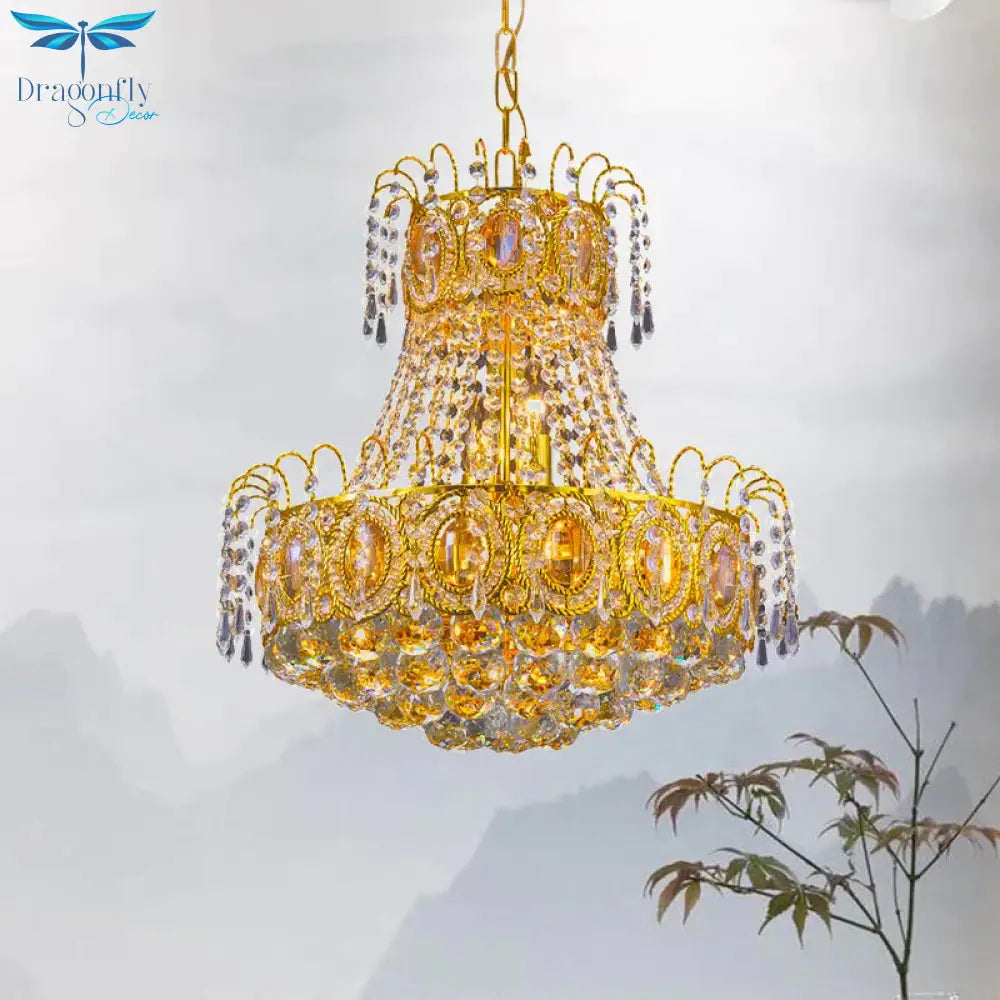 Vintage Basket Pendant Lamp 8 Heads Crystal Strand Chandelier Lighting In Gold For Lobby