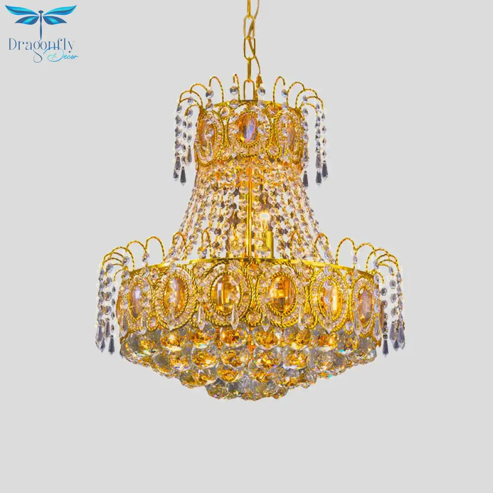 Vintage Basket Pendant Lamp 8 Heads Crystal Strand Chandelier Lighting In Gold For Lobby