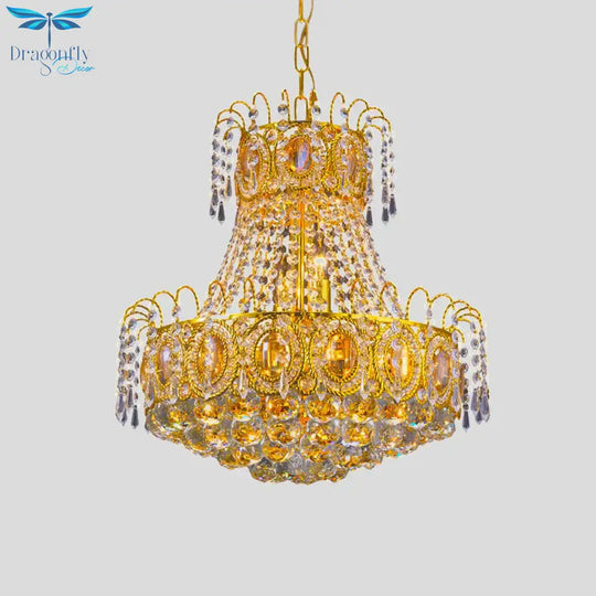 Vintage Basket Pendant Lamp 8 Heads Crystal Strand Chandelier Lighting In Gold For Lobby