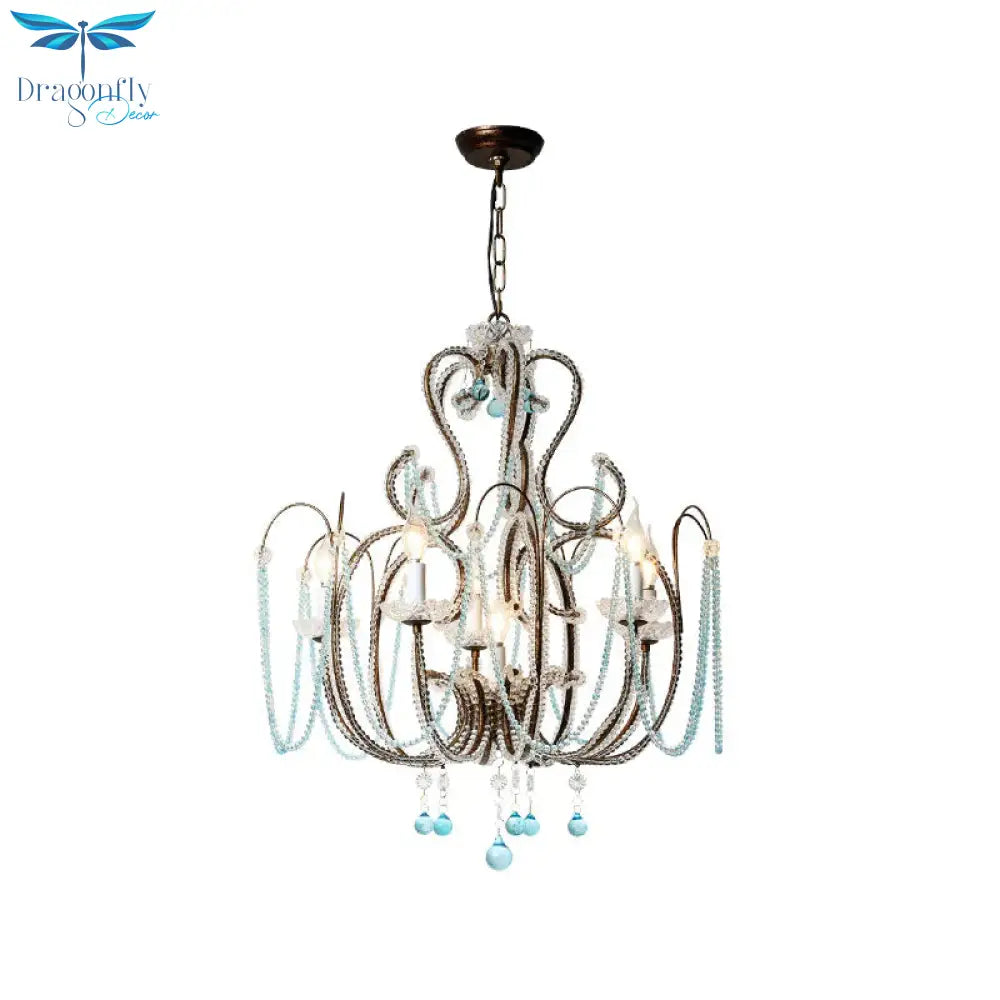 Vintage Candle Pendant Light With Royal Blue Crystal Bead 6 Lights Chandelier Lamp For Bedroom