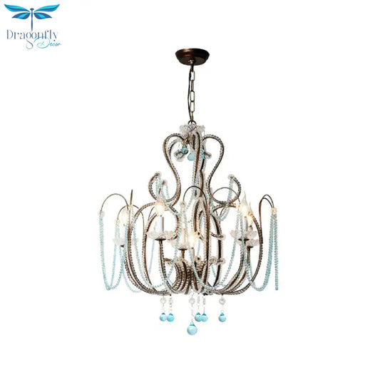 Vintage Candle Pendant Light With Royal Blue Crystal Bead 6 Lights Chandelier Lamp For Bedroom