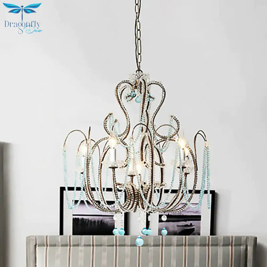 Vintage Candle Pendant Light With Royal Blue Crystal Bead 6 Lights Chandelier Lamp For Bedroom