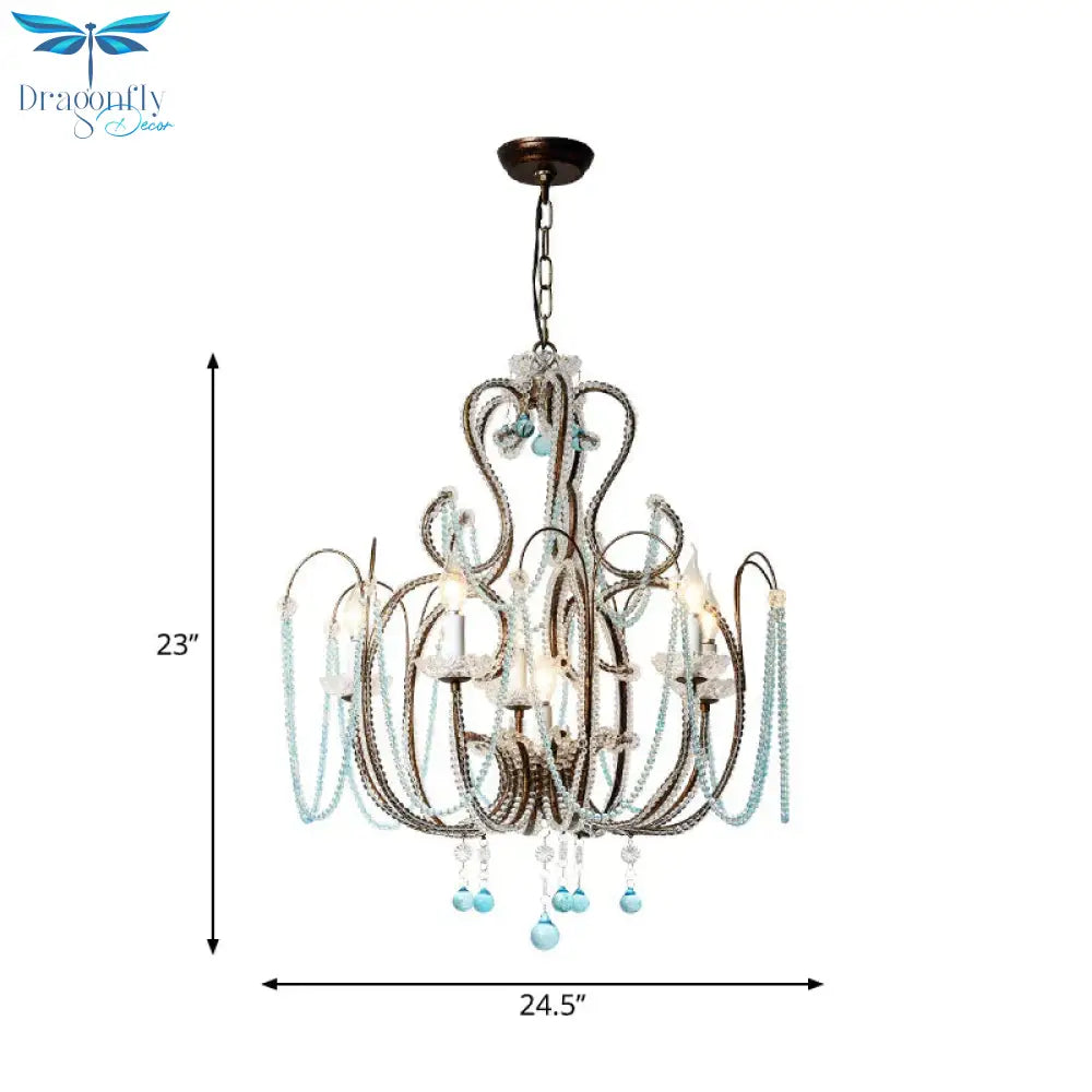 Vintage Candle Pendant Light With Royal Blue Crystal Bead 6 Lights Chandelier Lamp For Bedroom