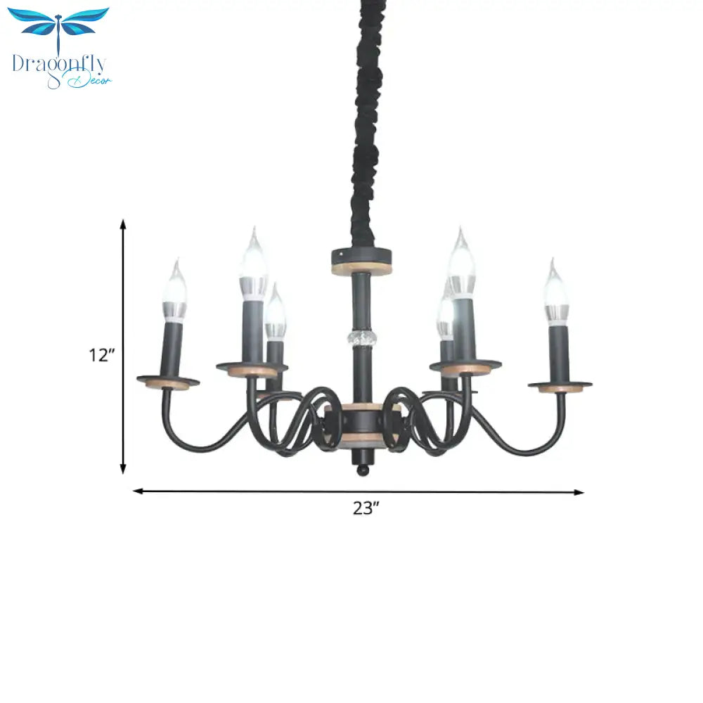 Vintage Candle Shape Pendant Chandelier 6 Heads Metallic Swooping Arm Suspension Lighting In Black