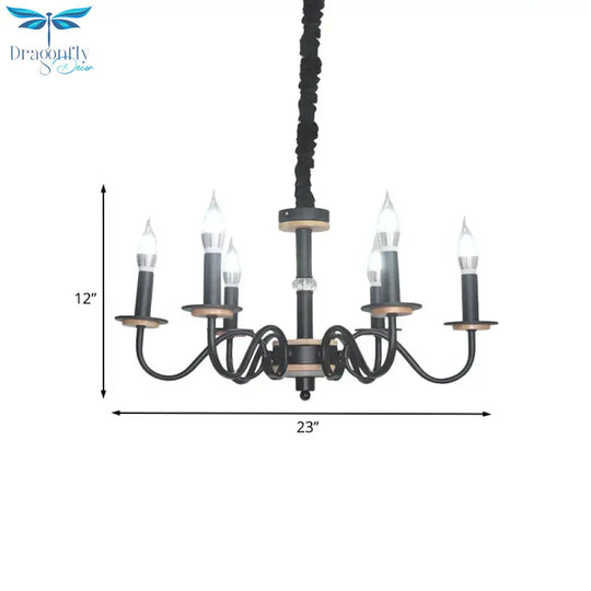 Vintage Candle Shape Pendant Chandelier 6 Heads Metallic Swooping Arm Suspension Lighting In Black