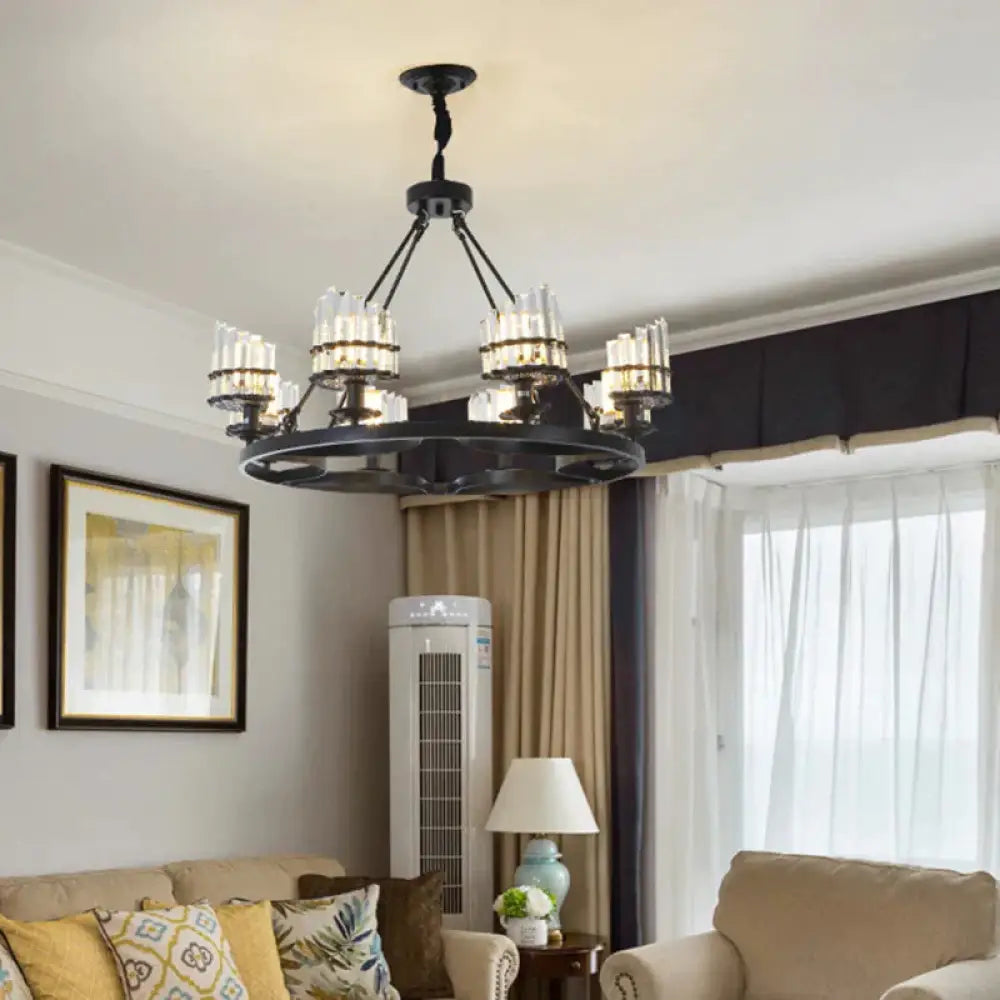 Vintage Circular Industrial Design Crystal Chandelier For Living Room Dining 8 / Black