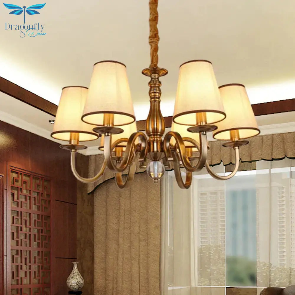 Vintage Cone Suspension Light 6/8 Bulbs Fabric Hanging Chandelier With Curving Arm In Brass For
