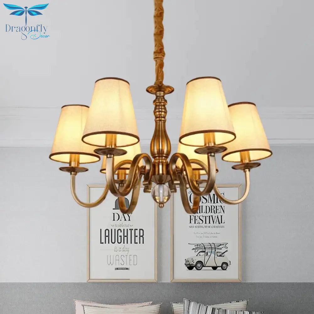 Vintage Cone Suspension Light 6/8 Bulbs Fabric Hanging Chandelier With Curving Arm In Brass For