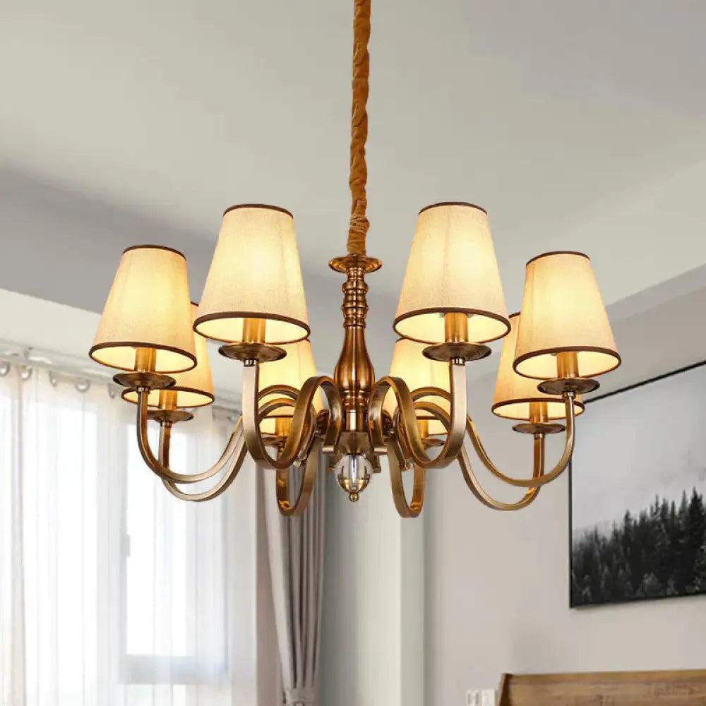Vintage Cone Suspension Light 6/8 Bulbs Fabric Hanging Chandelier With Curving Arm In Brass For